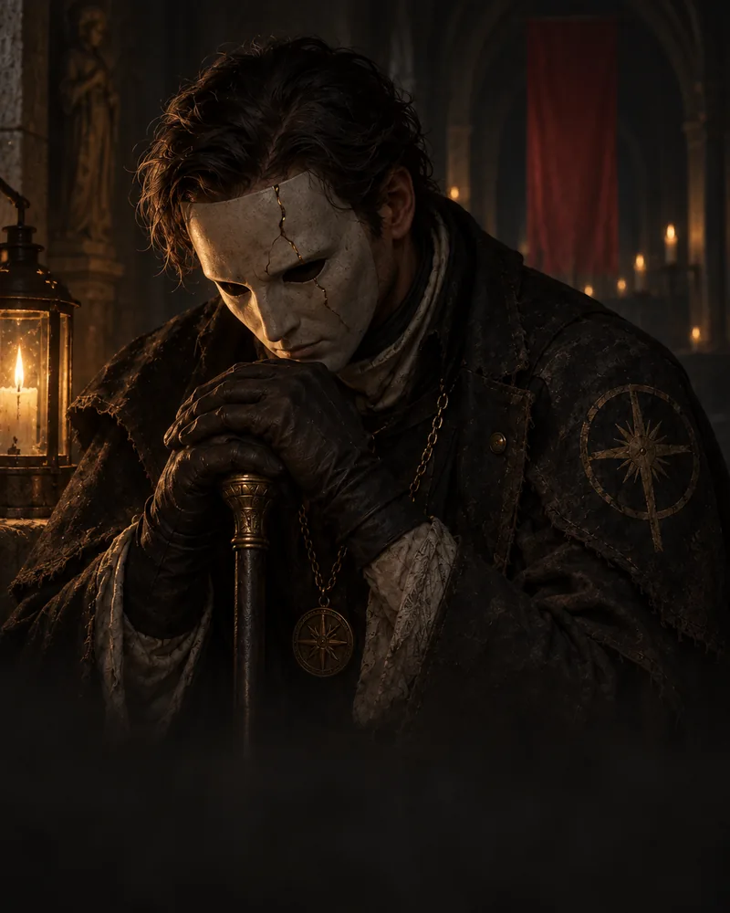 An inquisitor in a cracked white mask rests both hands on his cane and bows his head, a lantern burning beside him.