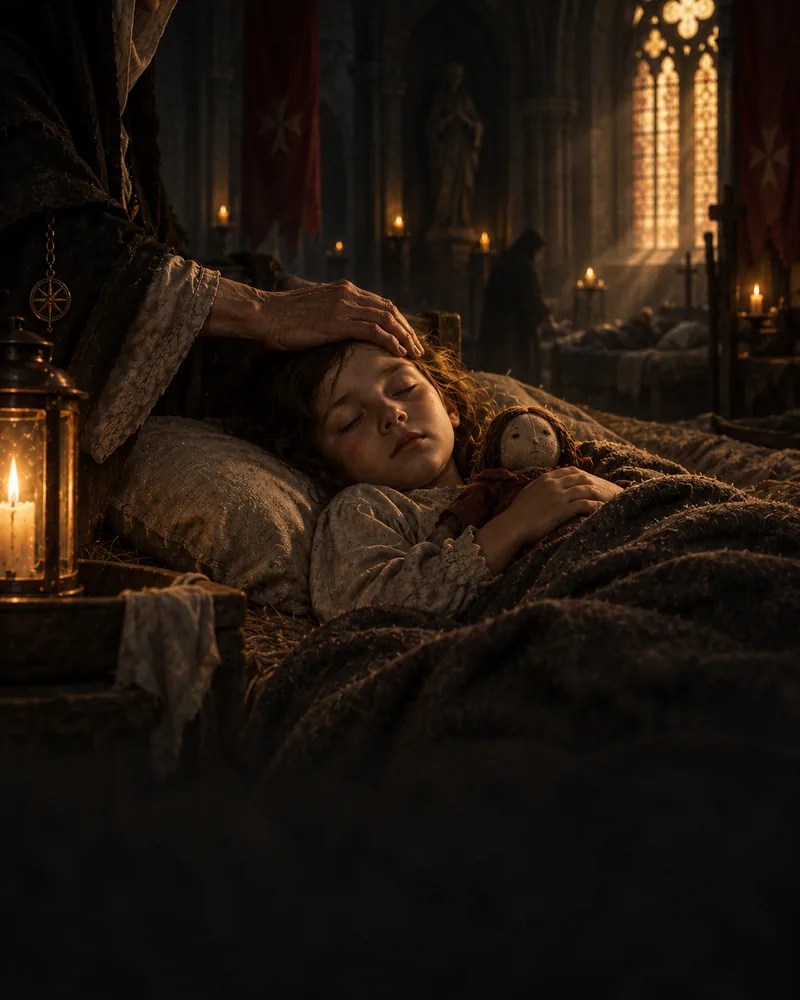 A bare hand rests on the forehead of a sleeping child holding a rag doll, in a chapel lined with sickbeds.