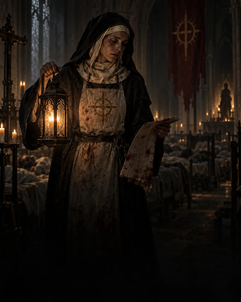 A nursing sister in a blood-stained apron reads a sheet of paper by lantern light, rows of sickbeds behind her.