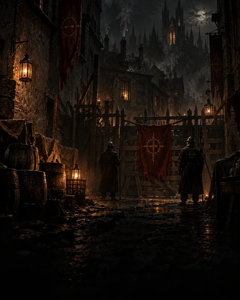 Two inquisitors in white masks stand at a timber barricade hung with a red banner, a wet street behind them and a cathedral against the moon.