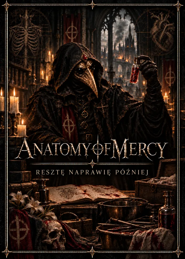 Story cover: a physician in a beaked mask holds a vial of red liquid up to the light above a workbench of instruments, an open book and a skull.