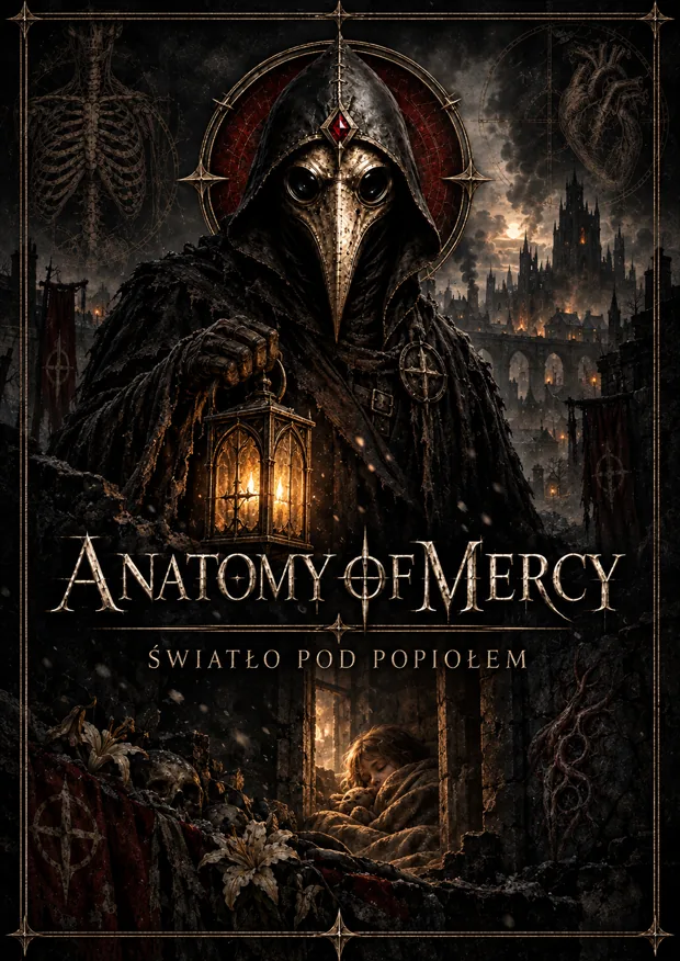 Story cover: a hooded physician in a beaked mask carries a lantern through falling ash, and below him a child sleeps in a lit window.