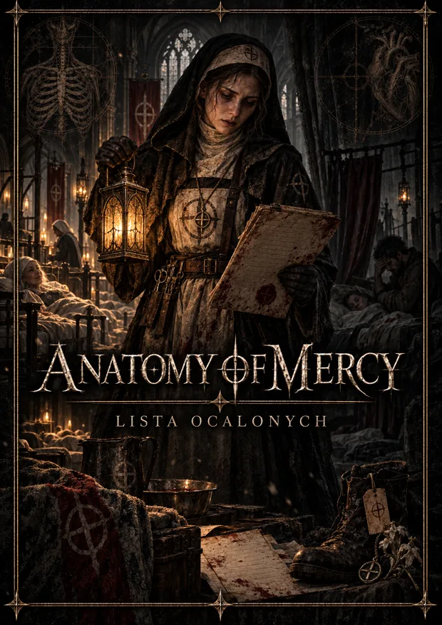 Story cover: a nursing sister raises a lantern and reads a blood-marked list in a chapel filled with sickbeds.