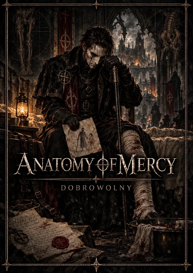 Story cover: an inquisitor in a white mask sits with one leg bandaged to the foot, holding a small portrait, papers and a wax seal at his feet.
