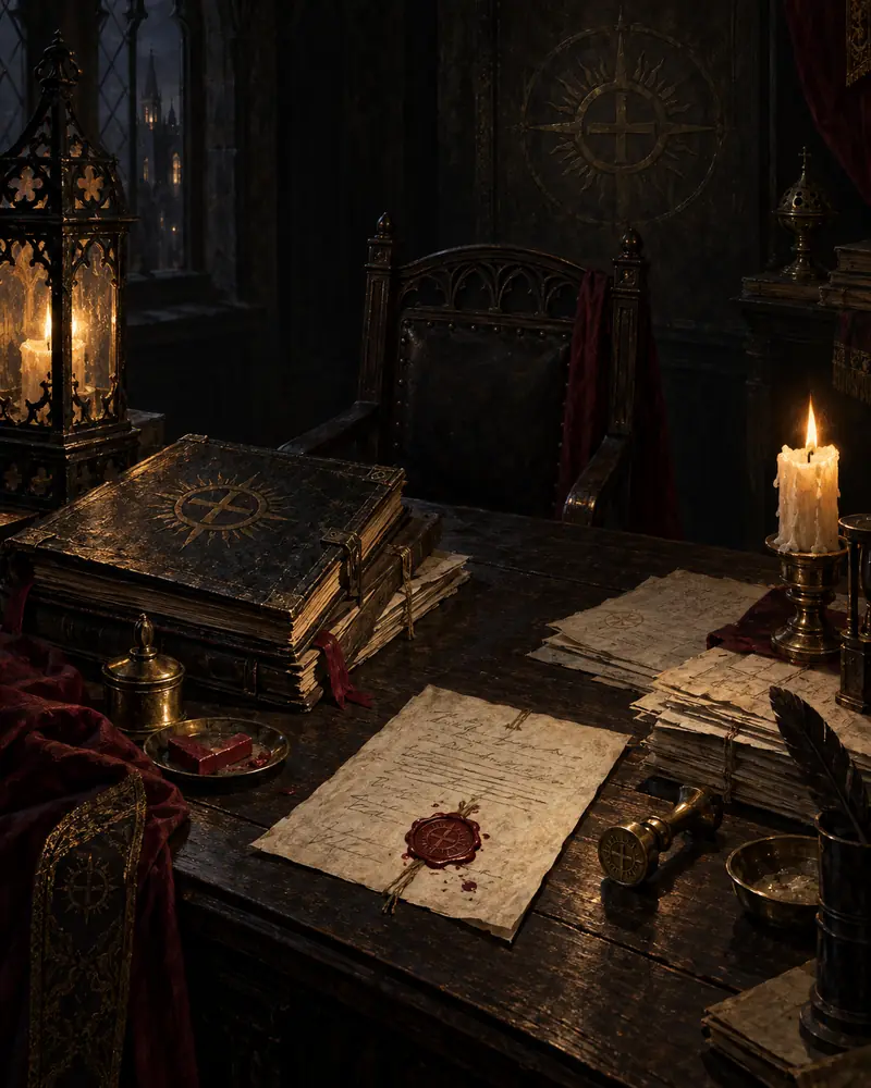 A dark desk by candlelight, with a ledger stamped with a sun cross in a circle, loose papers, a brass seal and one document closed with red wax, all in front of an empty chair.