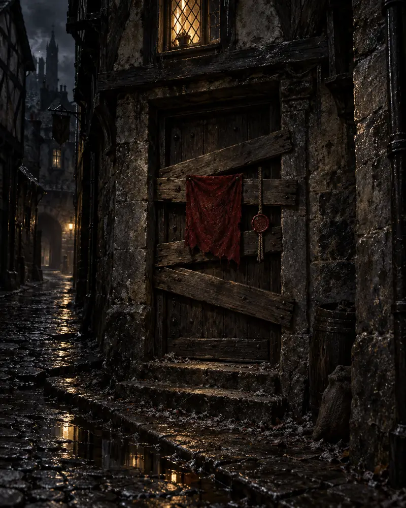 A wet lane at night, where a heavy door has been boarded shut and hung with red cloth and a wax seal, while one leaded window above it still glows from inside.