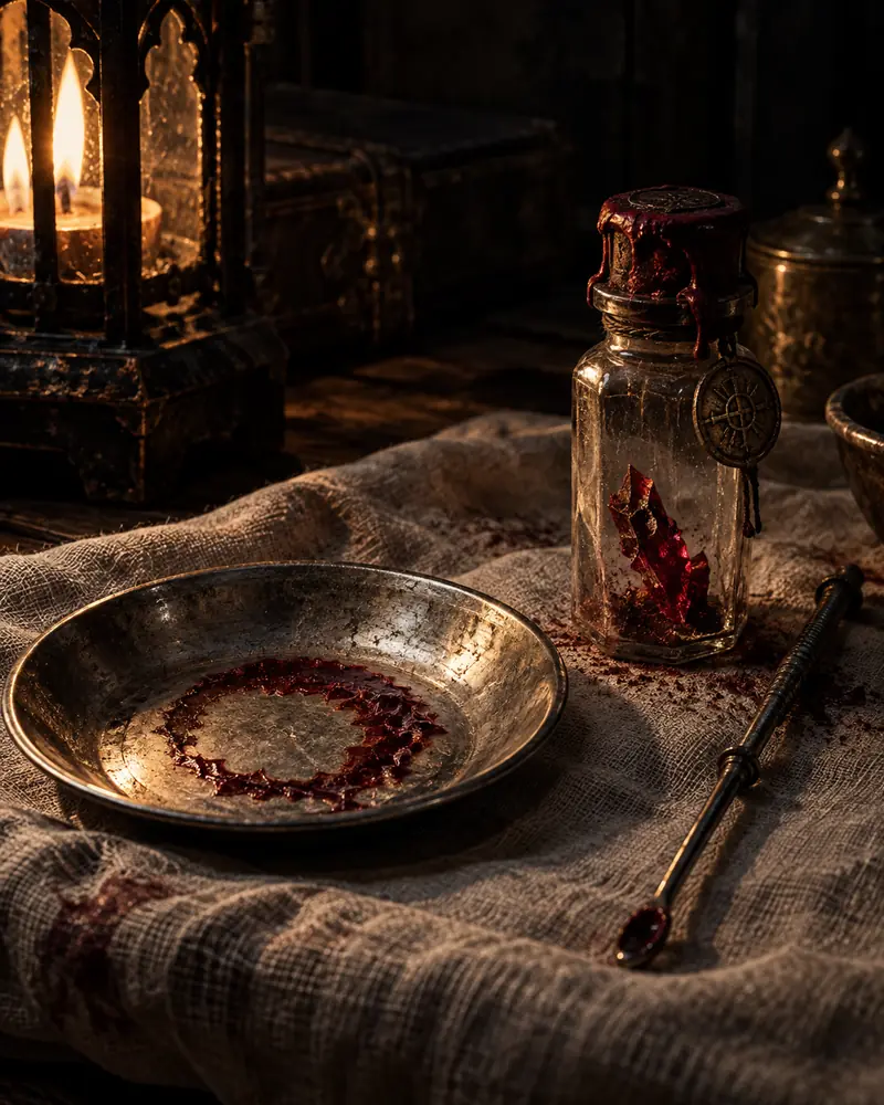 By lantern light, a dark red ring has dried on a tarnished silver plate, next to a wax sealed vial of red crystal splinters, a thin spoon ended probe and reddish dust on coarse linen.